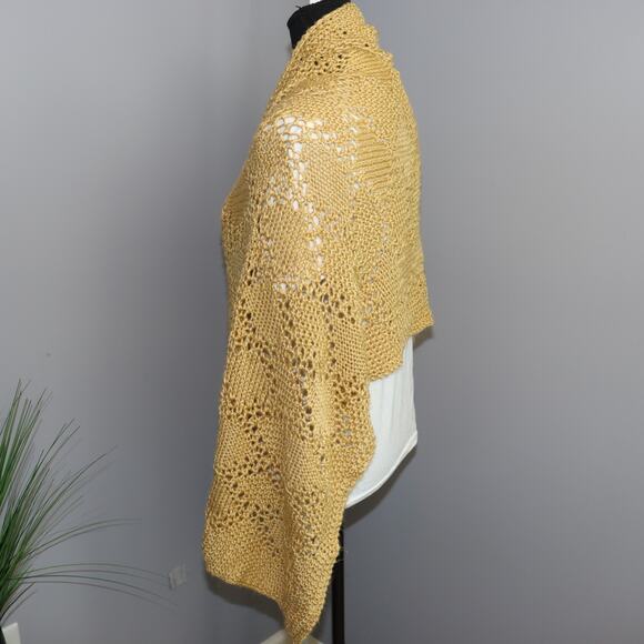 Vintage Handmade Knit Shawl Mustard Yellow Acrylic Open Weave - Picture 2 of 3